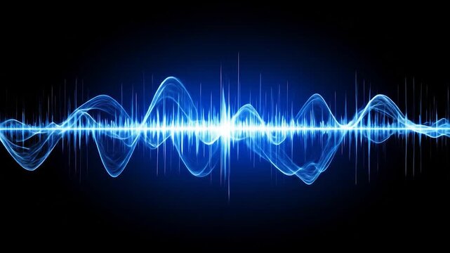 A luminous blue sound wave graphic with fluctuating amplitude on a dark, high-contrast background