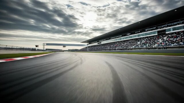 view of motor racing circuit under dramatic cloudy sky Tire marks streak across the asphalt track curving left with grandstand full of spectators and green runoff areas visible