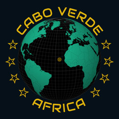 Obraz premium Cabo Verde on Globe. Round country and continent name text. Country view on world map in Black Emerald color palette. Cabo Verde shape on map. Awesome vector illustration.