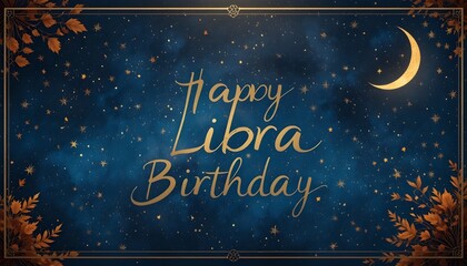 Celebrate a Libra's birthday under a starry night with golden moon glow and falling leaves - Send warm wishes with this elegant card for a special day