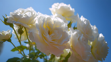 Blooming white roses against a clear blue sky, embodying delicate springtime beauty.