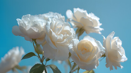 Blooming white roses against a clear blue sky, embodying delicate springtime beauty.