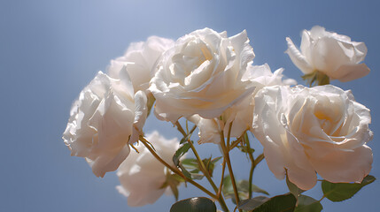 Blooming white roses against a clear blue sky, embodying delicate springtime beauty.