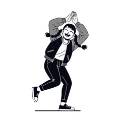 2D flat vector illustration of a gilpy teenage girl with pigtails and bomber jacket, clapping hands above her head while stepping side to side