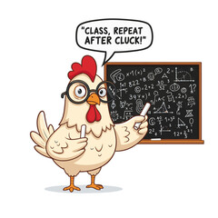 Gilpy-style hen, 2D flat vector, wearing oversized glasses, holding chalk in one wing while pointing at blackboard with formulas drawn silly