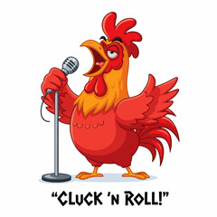 Gilpy-style rooster, 2D flat vector, eyes half-closed with passion, wings holding a microphone stand, mouth wide open singing dramatically like rock concert