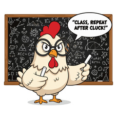 Gilpy-style hen, 2D flat vector, wearing oversized glasses, holding chalk in one wing while pointing at blackboard with formulas drawn silly