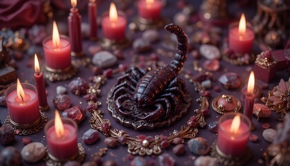 Enchanting scorpion sculpture amid red candles and jewels, perfect for mystical designs, Halloween themes, or dark elegance projects that captivate and mesmerize