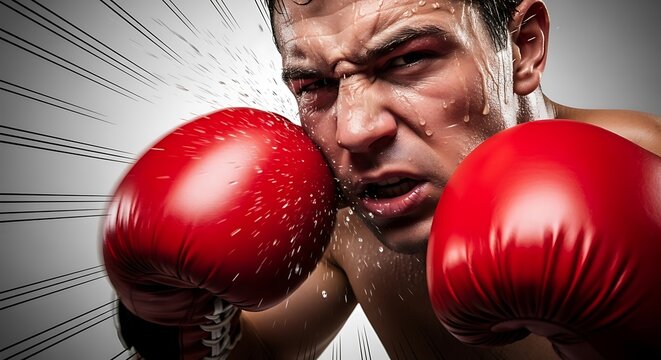 Close-up of a determined boxer taking a punch to the face, sweat flying, intense focus