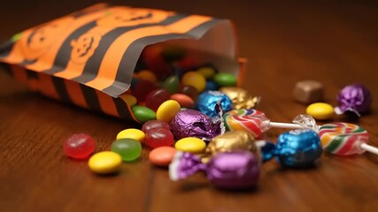A Halloween-themed bag spills its colorful candy contents onto a wooden surface, creating a festive and tempting scene. - Powered by Adobe
