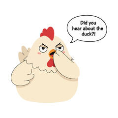 2D flat vector illustration of a gilpy cartoon hen with beak half open as if whispering gossip, eyes darting sideways mischievously, one wing covering her mouth