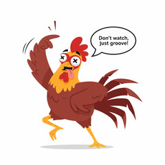 2D flat vector illustration of a gilpy cartoon rooster doing a silly funky dance with legs crossing awkwardly and wings up like arms, tongue sticking out, goofy eyes