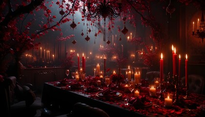 Romantic candlelight dinner party with red floral accents, perfect for Valentine's Day, weddings, or intimate celebrations with elegant decor and warm ambiance.
