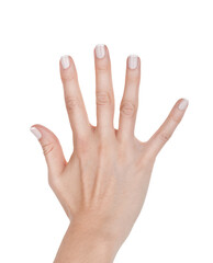 Female hand shows five fingers, closeup object. Isolated on transparent background