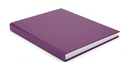 A closed purple hardcover book lies on a white background.