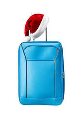 Santa Claus hat on suitcase handle, closeup object. Isolated on transparent background. Christmas and New Year celebration