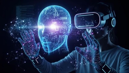 person in virtual reality headset interacts with glowing circuit-patterned holographic human head Digital hands surrounded by interconnected nodes and data streams touch the projection - Powered by Adobe