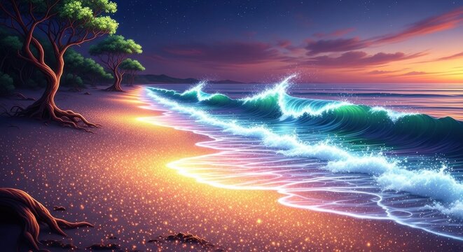Ethereal twilight beach scene with sparkling golden sand, bioluminescent turquoise waves, and a starry sky over silhouetted trees, creating a magical and dreamlike coastal landscape.