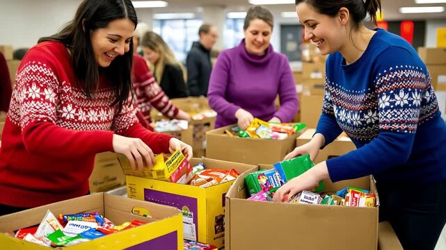 Volunteers sorting donated food items into cardboard boxes. Their efforts create a positive impact, supporting community aid and goodwill