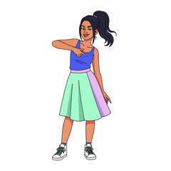 2D flat vector illustration of a gilpy teenage girl in tank top and skirt with sneakers, snapping fingers in rhythm while leaning slightly back with a smirk