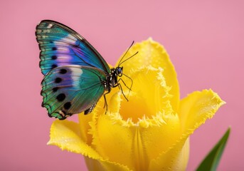 Vibrant blue butterfly perched on a bright yellow tulip against a soft pink background