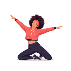 2D flat vector illustration of a gilpy teenage girl in sporty crop hoodie and leggings, sliding smoothly across the floor on one knee while leaning back