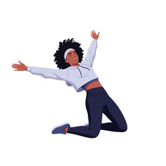 2D flat vector illustration of a gilpy teenage girl in sporty crop hoodie and leggings, sliding smoothly across the floor on one knee while leaning back