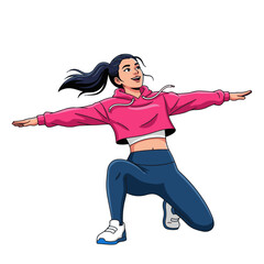 2D flat vector illustration of a gilpy teenage girl in sporty crop hoodie and leggings, sliding smoothly across the floor on one knee while leaning back