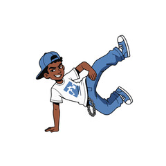 2D flat vector illustration of a gilpy teenage boy in loose jeans and cap, holding a dramatic one-hand freeze pose with one leg kicking out and the other bent