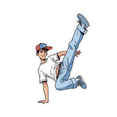 2D flat vector illustration of a gilpy teenage boy in loose jeans and cap, holding a dramatic one-hand freeze pose with one leg kicking out and the other bent