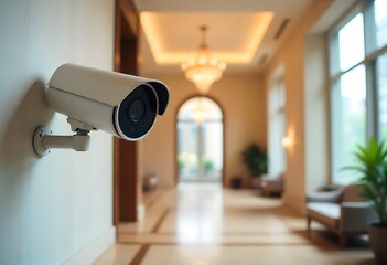 Modern CCTV security camera installed in elegant hotel lobby, ensuring guest protection and property surveillance. Advanced technology for safety, monitoring, theft prevention, and reliable.