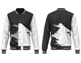 Front and back view of a varsity jacket with black, white, and gray patterns