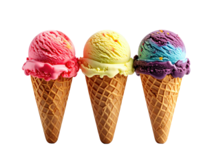 Three colorful ice cream cones in waffle cones, each with distinct flavors
