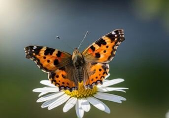 Naklejka premium Vibrant tortoiseshell butterfly perched gracefully on a delicate white daisy flower