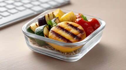 Work lunch glass container concept, A healthy mix of grilled vegetables and fresh ingredients.