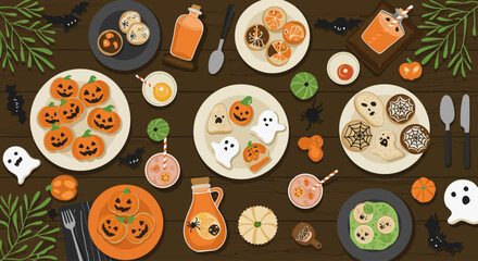 A delectable flat design illustration showcasing a table filled with creative Halloween-themed food and drinks, perfect for a party. This minimalist 2D vector art highlights festive culinary delights.