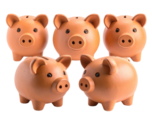 Five identical ceramic piggy banks with realistic facial features, arranged in a group