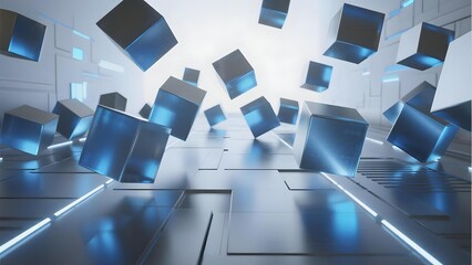 Floating blue cubes in a futuristic digital environment with reflective surfaces and glowing lines