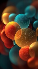 Abstract molecular structure showing colorful spheres with reflections and bubbles.