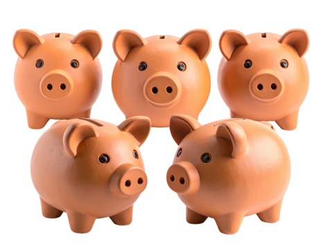 Five identical ceramic piggy banks with realistic facial features, arranged in a group