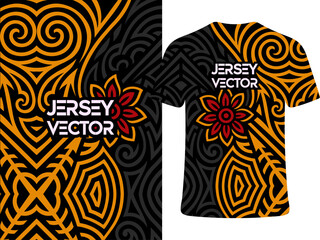 Abstract Jersey T-Shirt with Floral and Tribal Ornamentation, Maori-inspired Jersey vector template with ornate swirl motifs, black and gold, Traditional, Ethnic, Tribal Jersey with Customizable Name 