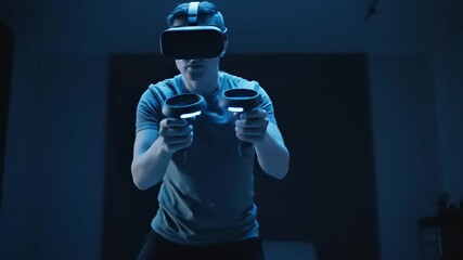 A man fully immersed in a virtual reality game, exploring new worlds with a VR headset and controllers in a dark room. - Powered by Adobe
