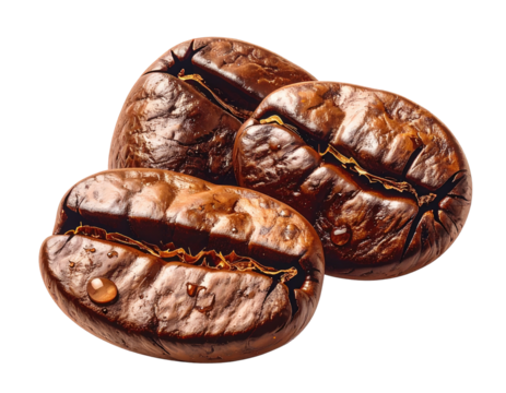 Three roasted coffee beans, glistening with moisture, against a black background