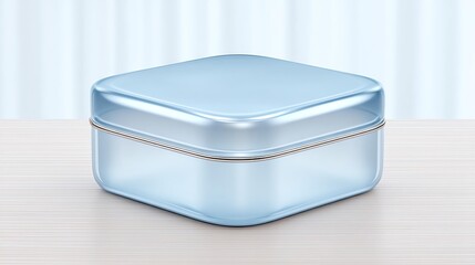 Work lunch glass container concept, Minimalist blue tin box on a white surface.