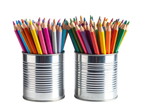 Two metal cans overflowing with a vibrant collection of colored pencils