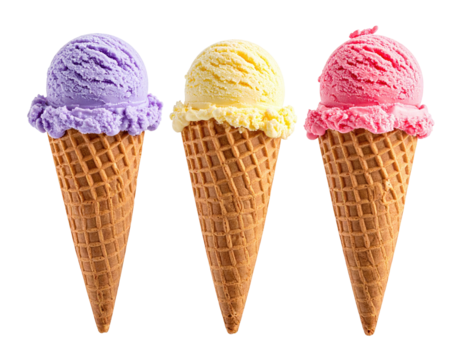 Three colorful ice cream cones lavender, yellow, and pink