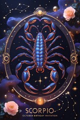 Stunning Scorpio zodiac sign with vibrant blue hues and dreamy celestial details, perfect for astrology enthusiasts and personalized birthday invitations