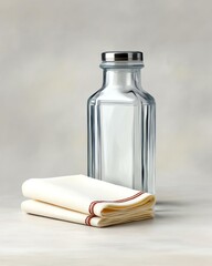 Work lunch glass container concept, A clear glass bottle with a metal lid next to folded napkins.