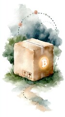 Blockchain in logistics tracking concept, Watercolor illustration of a package featuring a Bitcoin symbol.