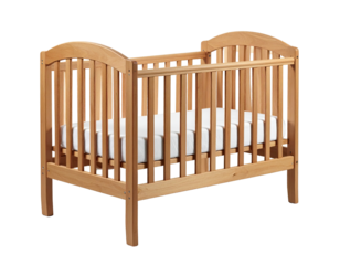 Wooden baby crib with a white mattress, side view, isolated on black background